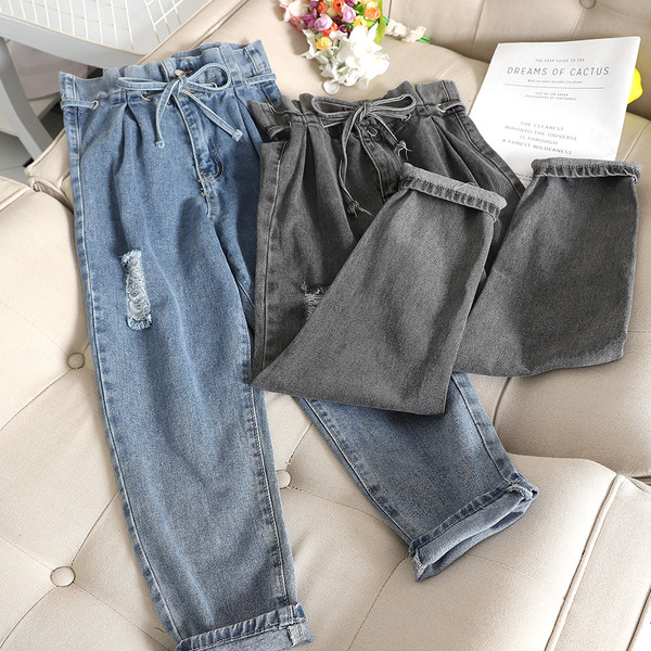 Blugi de dama cu talie inalta si sireturi in doua culori