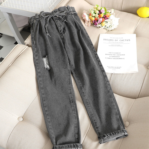 Blugi de dama cu talie inalta si sireturi in doua culori