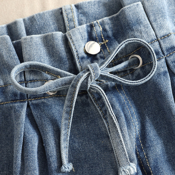 Blugi de dama cu talie inalta si sireturi in doua culori