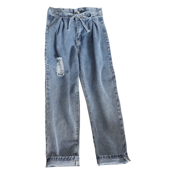 Blugi de dama cu talie inalta si sireturi in doua culori