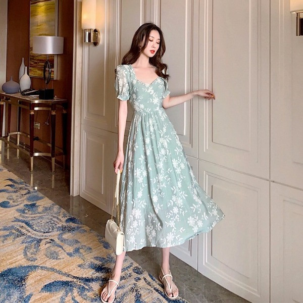 Rochie moderna de dama lunga cu model floral in doua culori