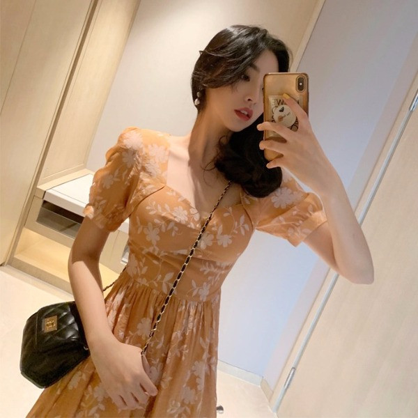 Rochie moderna de dama lunga cu model floral in doua culori