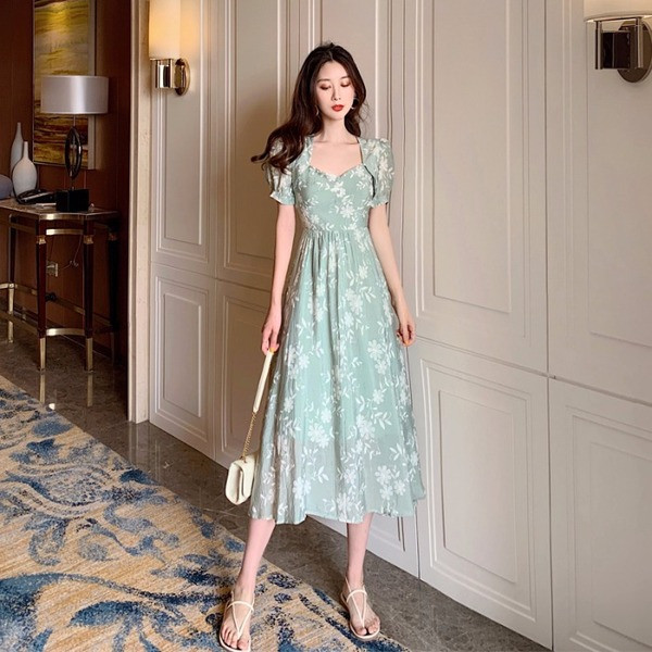 Rochie moderna de dama lunga cu model floral in doua culori