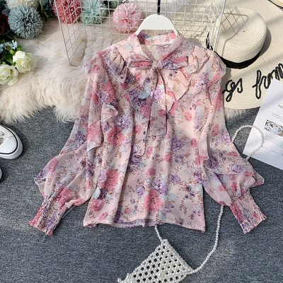 Cămașă modernă de damă cu model floral și panglică