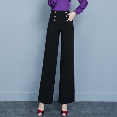 Дамски модерен панталон в черен цвят с висока талия и копчета