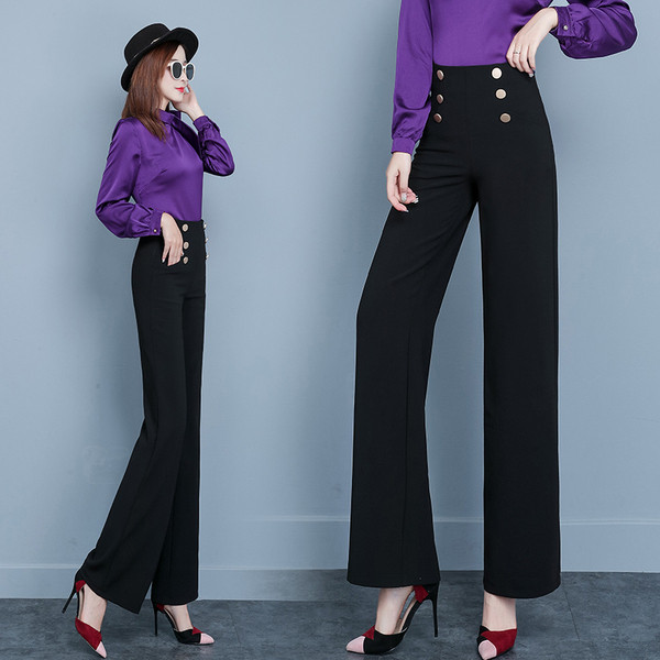 Pantaloni moderni de dama in negru cu talie inalta si nasturi