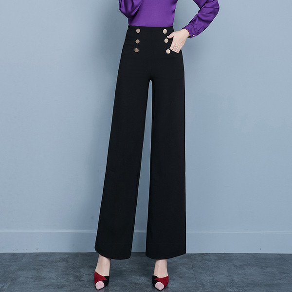 Pantaloni moderni de dama in negru cu talie inalta si nasturi