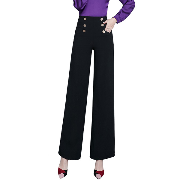 Pantaloni moderni de dama in negru cu talie inalta si nasturi