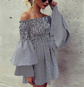 Модерна дамска раирана рокля с голи рамене и широк ръкав