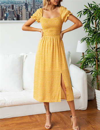 Rochie modernă de damă cu mâneci scurte, în galben și albastru