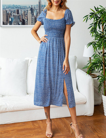 Rochie modernă de damă cu mâneci scurte, în galben și albastru