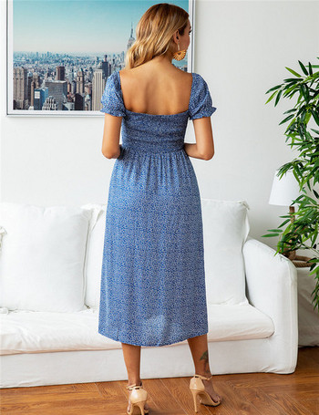 Rochie modernă de damă cu mâneci scurte, în galben și albastru