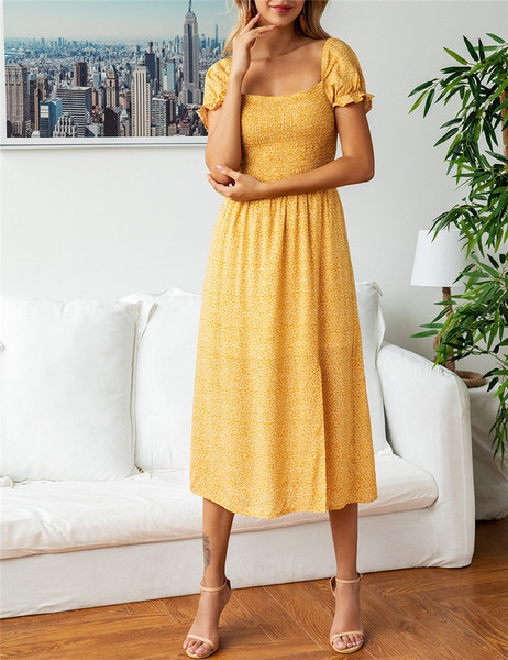 Rochie modernă de damă cu mâneci scurte, în galben și albastru