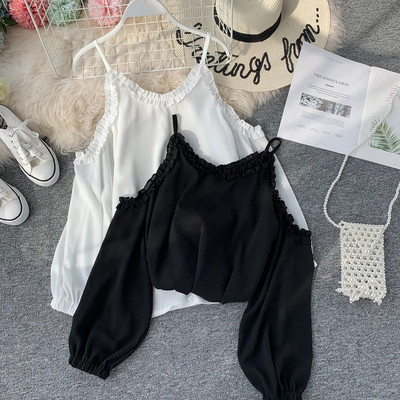 Cămașă elegantă de damă cu umerii goi, în alb și negru