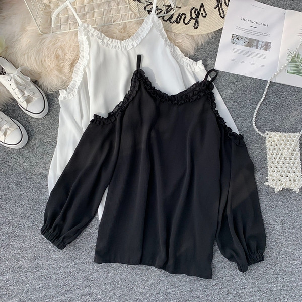 Cămașă elegantă de damă cu umerii goi, în alb și negru