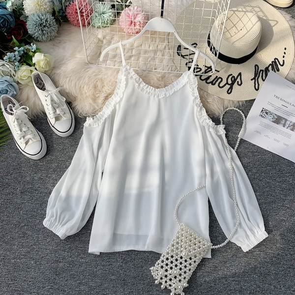 Cămașă elegantă de damă cu umerii goi, în alb și negru