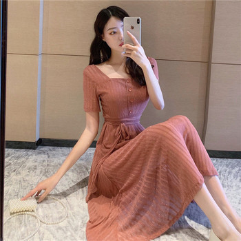 Актуална дамска дълга рокля в розов цвят с къс ръкав