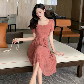 Актуална дамска дълга рокля в розов цвят с къс ръкав