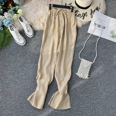 Pantaloni moderni de dama cu talie inalta si efect stralucitor in mai multe culori