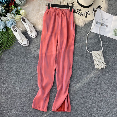 Pantaloni moderni de dama cu talie inalta si efect stralucitor in mai multe culori