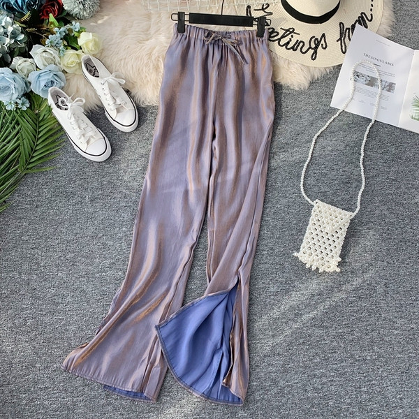 Pantaloni moderni de dama cu talie inalta si efect stralucitor in mai multe culori