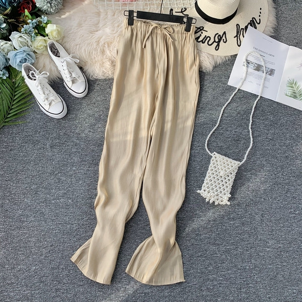 Pantaloni moderni de dama cu talie inalta si efect stralucitor in mai multe culori