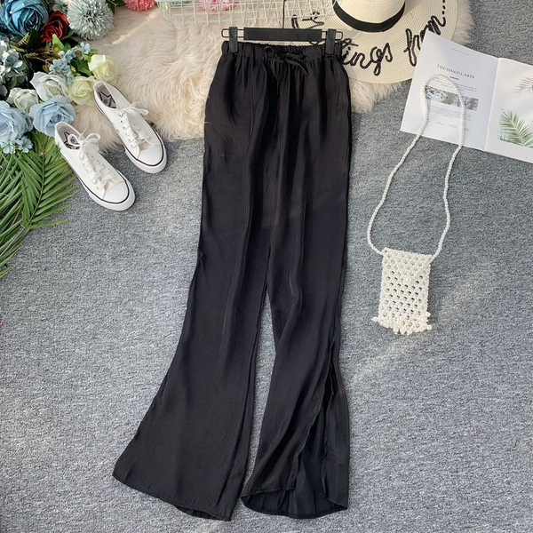 Pantaloni moderni de dama cu talie inalta si efect stralucitor in mai multe culori