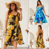 Rochie de dama marime mare cu bretele subtiri in albastru si galben