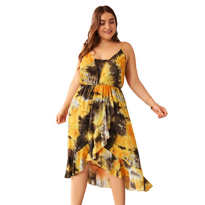 Rochie de dama marime mare cu bretele subtiri in albastru si galben