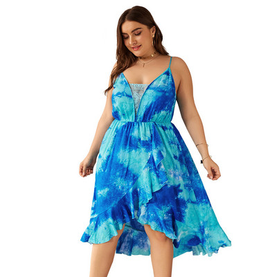 Rochie de dama marime mare cu bretele subtiri in albastru si galben