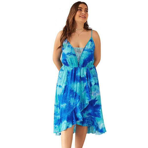 Rochie de dama marime mare cu bretele subtiri in albastru si galben