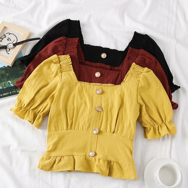 Bluză de damă modernă cu decolteu pătrat și nasturi în mai multe culori