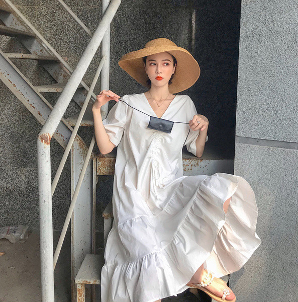 Rochie casual de dama cu decolteu in V in doua culori