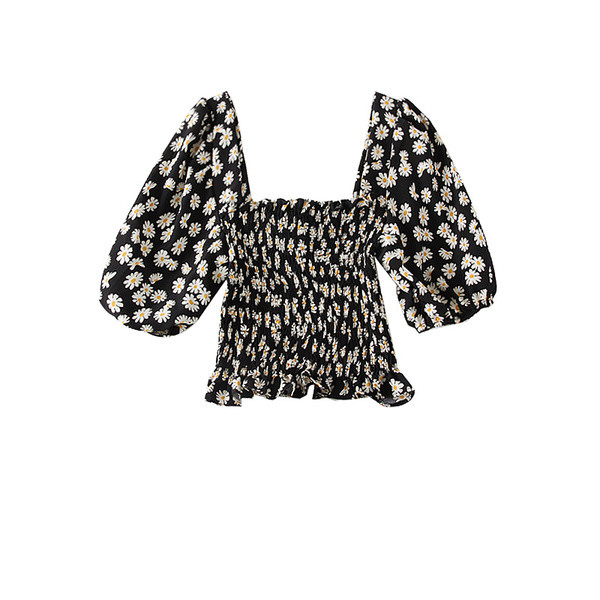 Bluză de damă colorată cu decolteu pătrat și motive florale