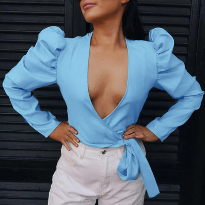 Cămașă elegantă de damă cu decolteu în V și mâneci lungi în mai multe culori