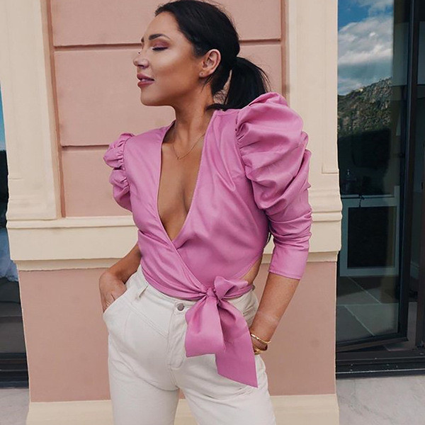 Cămașă elegantă de damă cu decolteu în V și mâneci lungi în mai multe culori