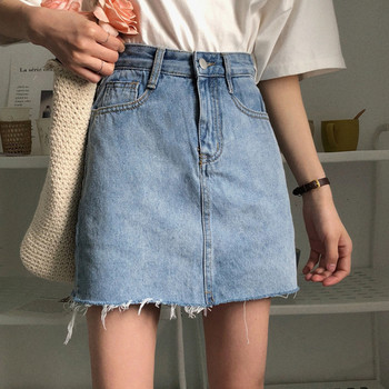 Fusta casual dama din denim cu talie inalta