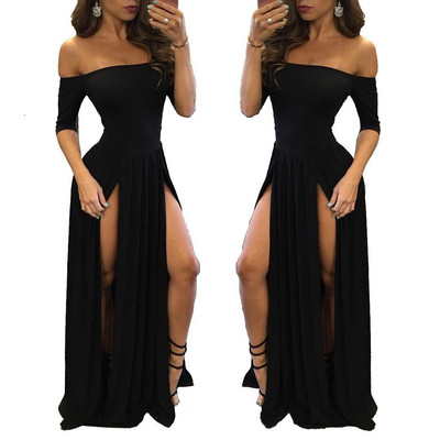 Rochie modernă de damă cu umerii goi și fante în negru