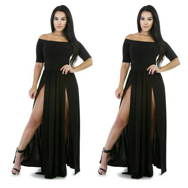 Rochie modernă de damă cu umerii goi și fante în negru