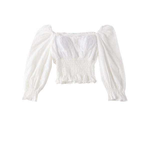 Bluză de damă modernă cu umerii goi și mâneci lungi în culoarea albă