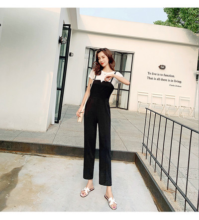 Salopetă lungă modernă de damă, cu bretele subțiri, de culoare neagră