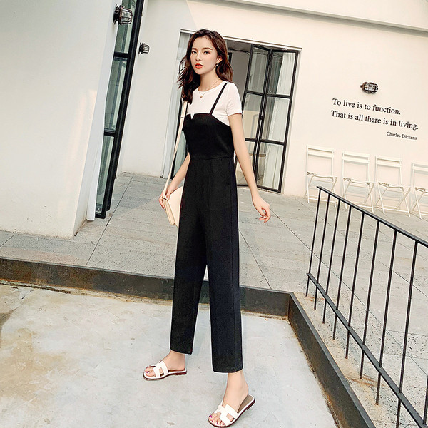 Salopetă lungă modernă de damă, cu bretele subțiri, de culoare neagră