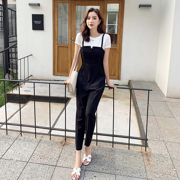 Salopetă lungă modernă de damă, cu bretele subțiri, de culoare neagră