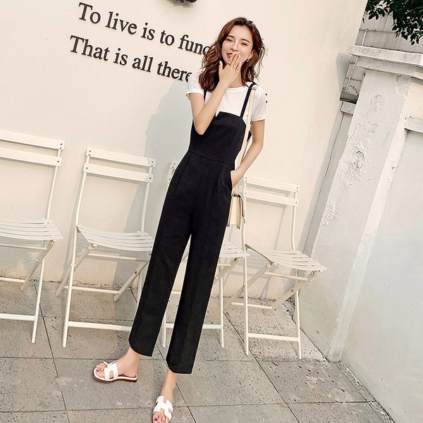 Salopetă lungă modernă de damă, cu bretele subțiri, de culoare neagră