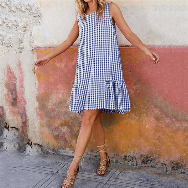 Rochie scurtă casual de damă în albastru, roz și negru