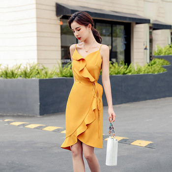 Модерна дамска рокля асиметричен модел с тънки презрамки и връзки 