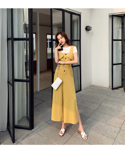 Salopeta de dama moderna in albastru si galben cu curea