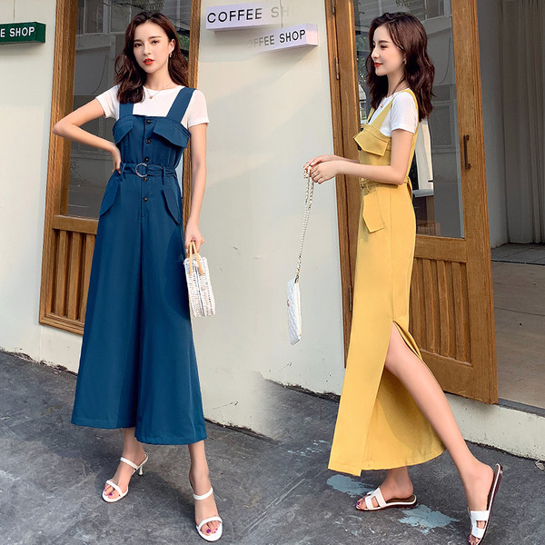 Salopeta de dama moderna in albastru si galben cu curea