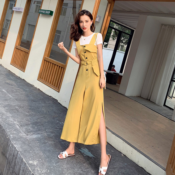 Salopeta de dama moderna in albastru si galben cu curea