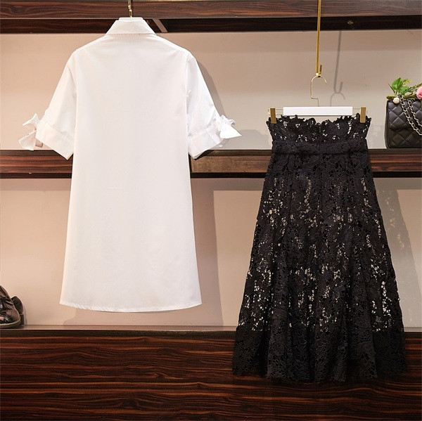 Set de dama modern din doua parti camasa + fusta lunga alb-negru